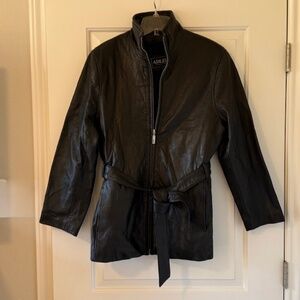 Adler Collection Womens Black Lambskin Leather Full Zip Coat with Belt, Large